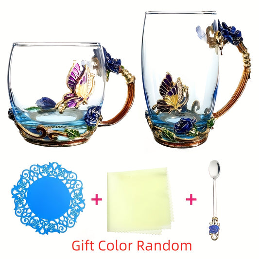 1pc Glass Cup Rose Enamel Crystal Tea Cup, Coffee Mug, Tumbler Butterfly Rose Painted Flower Water Cups, Clear Glass With Spoon Set