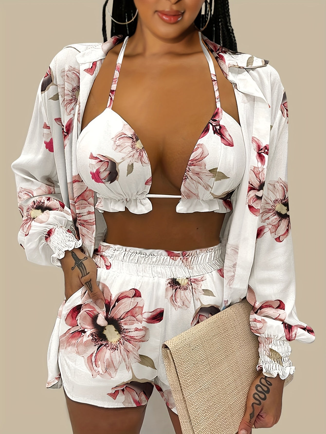 Sexy Floral Print Bra & Short Sleeve Blouse & Floral Print Shorts Set, Women's Clothing