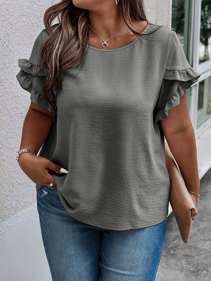 Plus Size Elegant Crew Neck Solid Color Polyester Shirting Blouse - Comfortable Non-Stretch Fabric, Petal Sleeve Design, Perfect for Spring, Summer, Wedding, Holiday, and Vacation - Womens Casual Wear for All Seasons