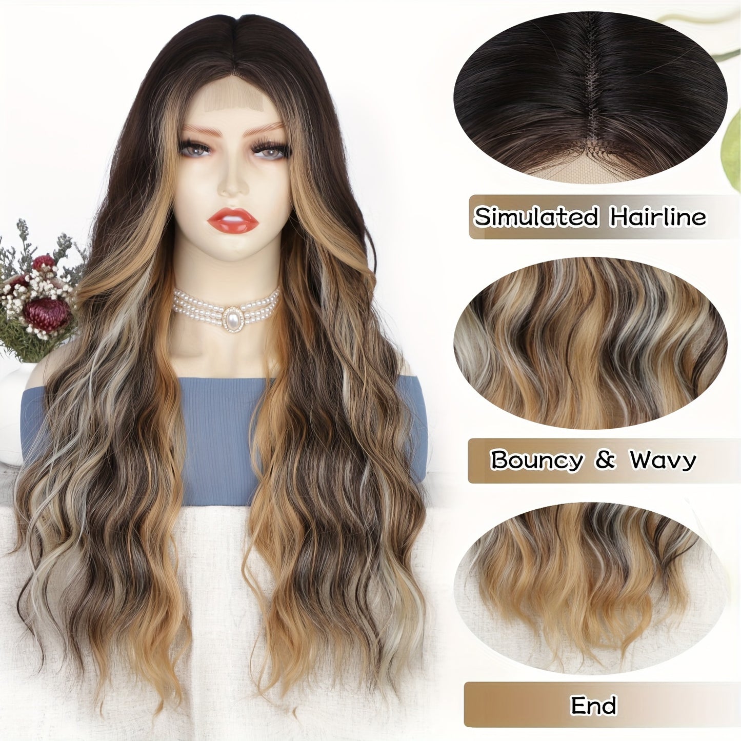 4-Pack U-Part Lace Front Wigs - Brown with Blonde Blend - Long, Wavy/Curly Style - Dark Roots Synthetic Hair - Heat Resistant, Natural-Looking - Perfect for Daily Wear & Parties - Seamless Middle Part Design