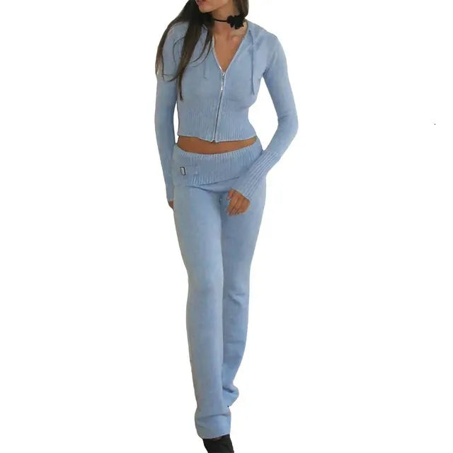 Women's Jumpsuits Rompers Women Cozy Ribbed Knit Lounge Set Long Sleeve Zip Up Hoodie with High Waist Wide Leg Pant 2 Piece Loungewear Ensemble Casual Set 231208