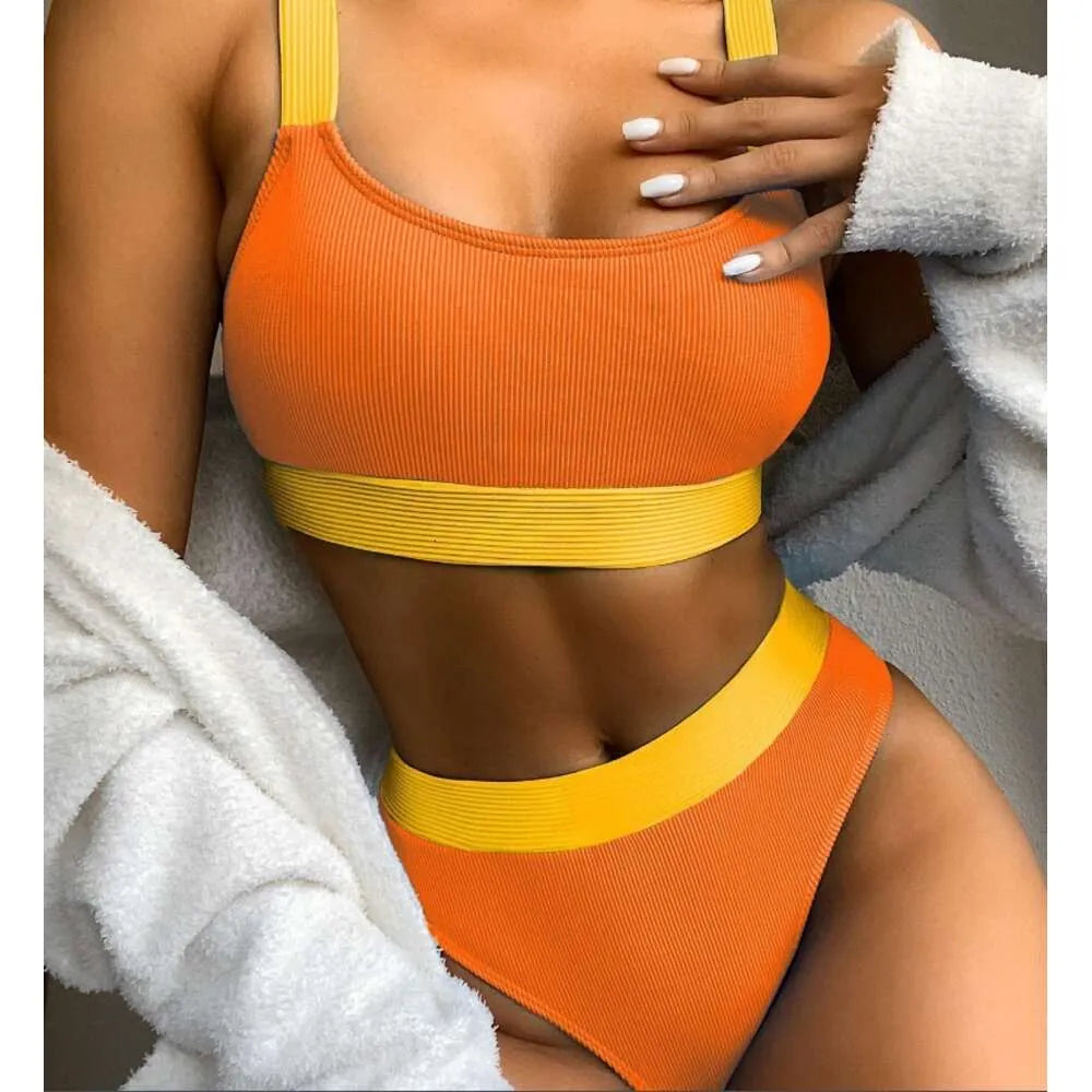 New Split High Waist Solid Color Bikini Women's Swimsuit