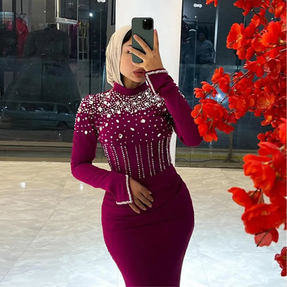 Crystal Muslim Evening Dresses High Neck Long Sleeve Arabic Dubai Formal Gown Pleat Satin Kanfan Mermaid Prom Dress