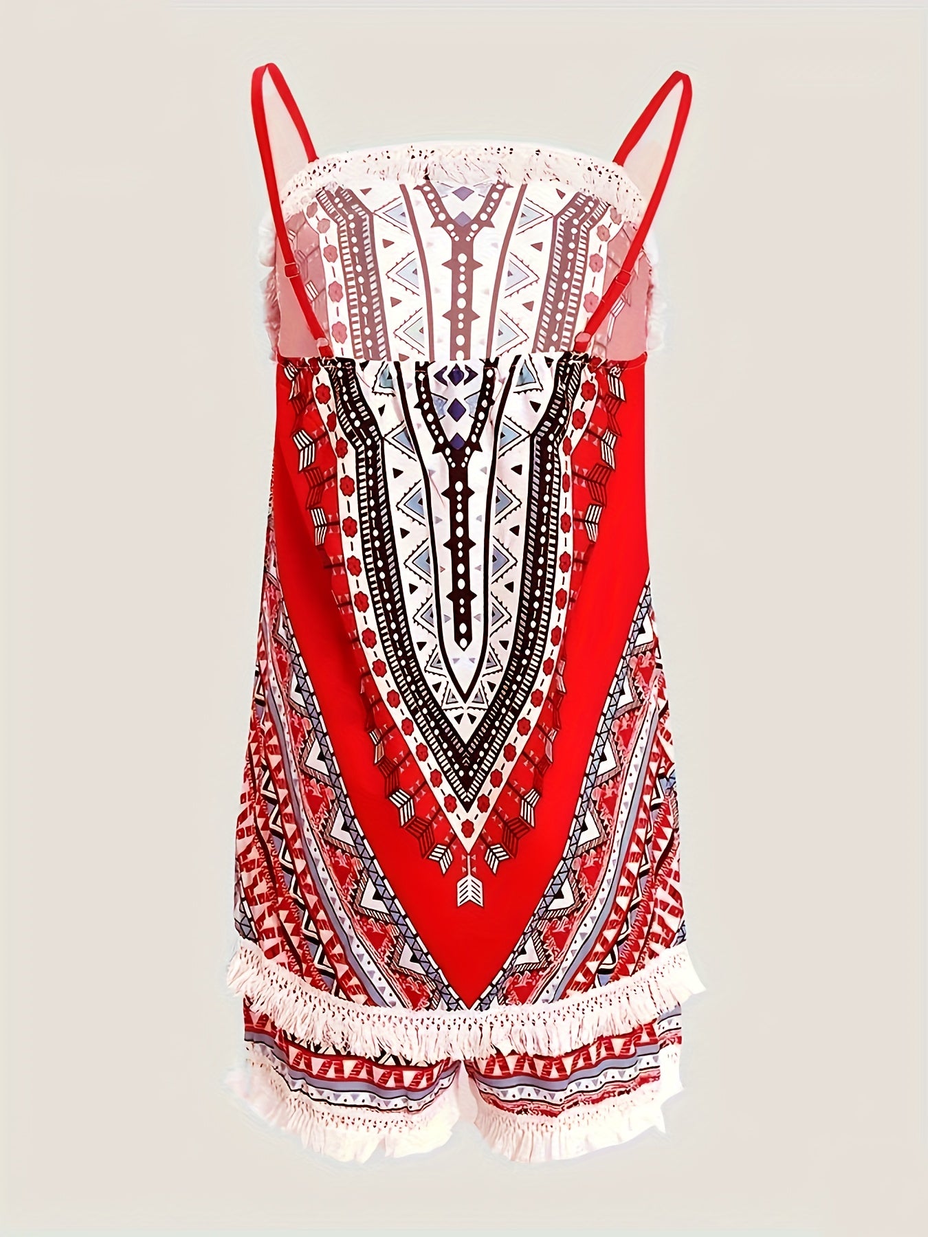 Boho Chic Tribal Print Summer Shorts Outfit - Lightweight & Comfortable Sleeveless Spaghetti Strap Top with Tassel Hem & Loose Shorts Set, Perfect for Vacation Wear