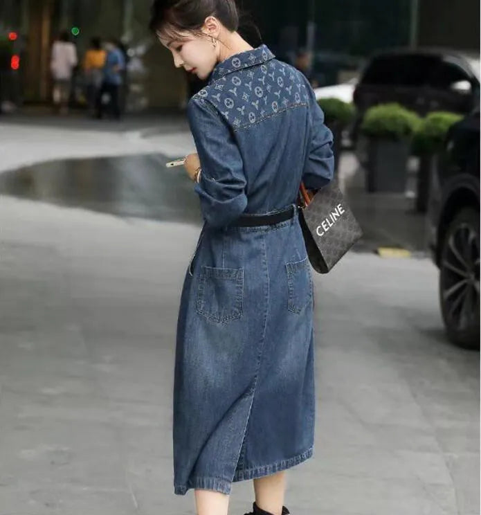 Designer mid-length Dress for Women denim office business lapel colloar skirts with belt oversized blue jeans dress