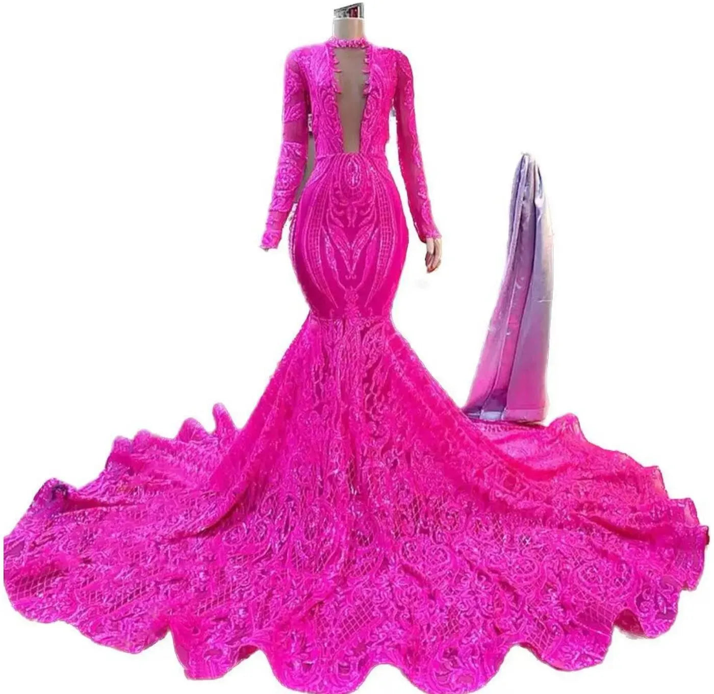 Fuchsia Mermaid Prom Dresses African Black Girl Long Sleeves Sparkly Sequin Lace Party Evening Dress Bc15052 0618