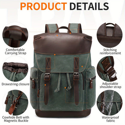 1pc Large Retro Waxed Canvas Laptop Backpack - Water-Resistant, Magnetic Closure, Buckle Decorated, Adjustable Strap, Cotton Lined, Casual Style for Going Out - Dark Green