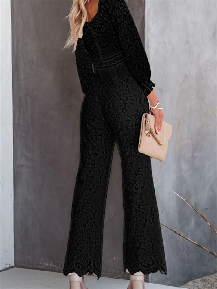 Women's Jumpsuits Rompers CHRONSTYLE Elegant Women Lace Wide Leg Pants Jumpsuits Solid Color Long Sleeve High Waist V Neck Floral Rompers Streetwear 230920