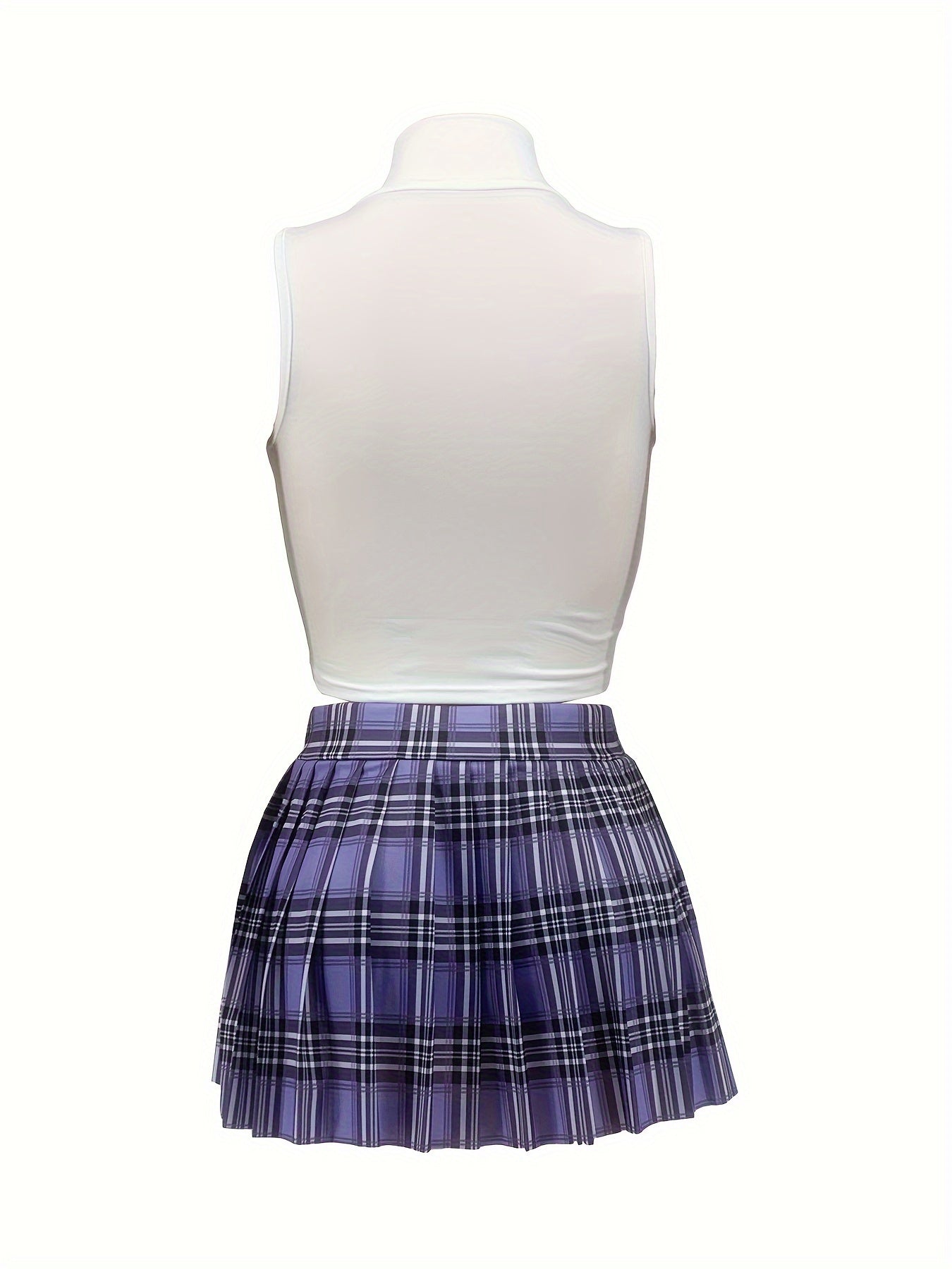 Trendy Plaid Skirt Set - Heartbeat Print Mock Neck Sleeveless Crop Top & High Waist Mini Skirt Outfit - Fashionable Womens Clothing for a Flirty, Chic Look