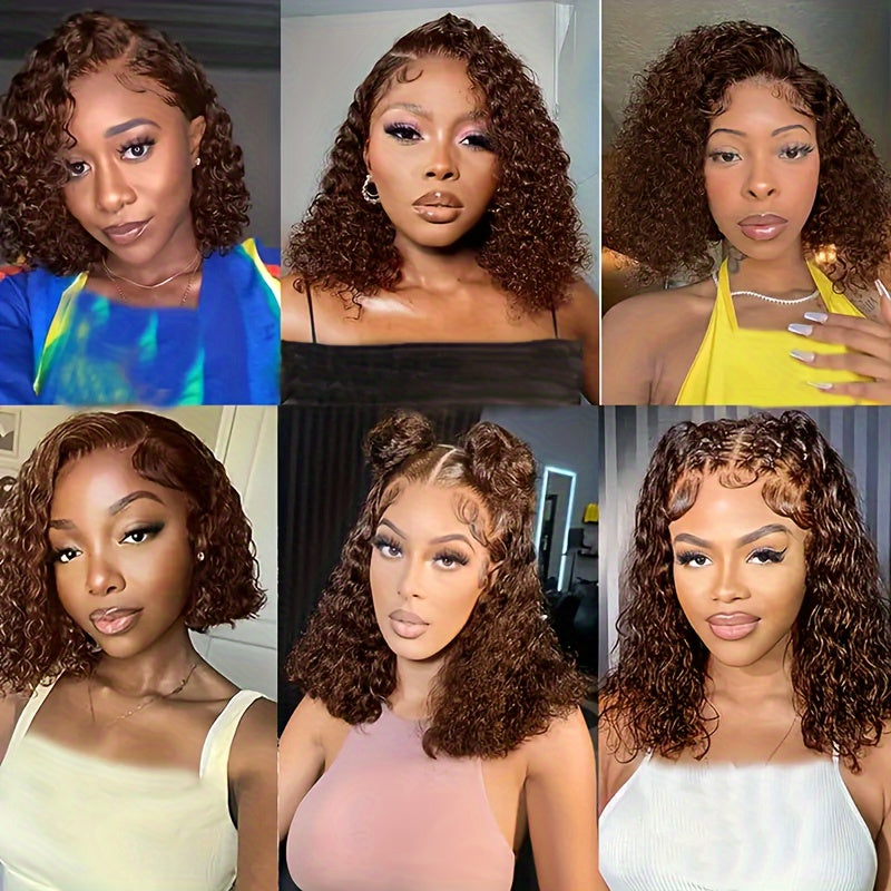 Chocolate Brown Short Bob Curly Wigs Human Hair 4X4 Hd Transparent Lace Closure Wig Pre Plucked With Baby Hair #4 Brown Glueless Curly Wigs Brazilian Virgin Hair For Women