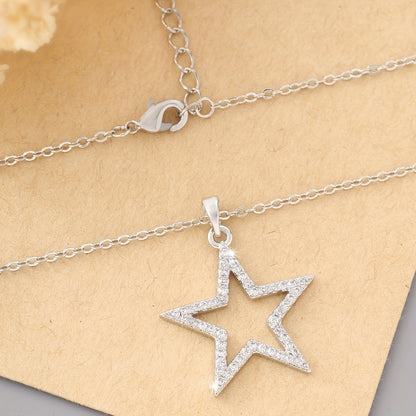 Inlaid Shiny Zircon Hollow Out Star Pendant Necklace Adjustable Neck Chain Jewelry