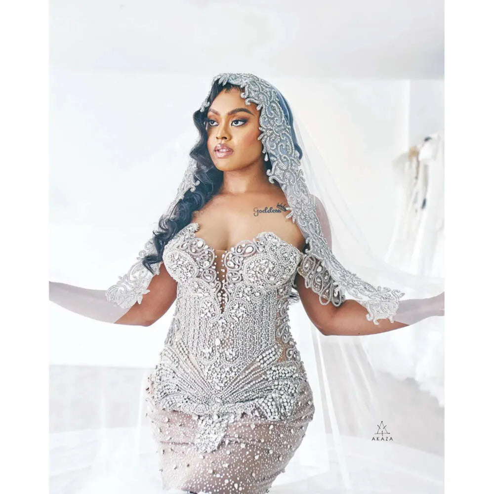 Plus Arabic Aso Ebi Size Luxurious Mermaid Wedding Dress Beaded Crystals Tulle Detachable Train Tiers Bridal Gowns Dresses ZJ es