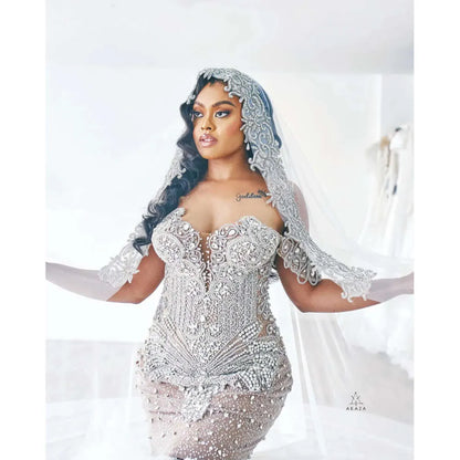 Plus Arabic Aso Ebi Size Luxurious Mermaid Wedding Dress Beaded Crystals Tulle Detachable Train Tiers Bridal Gowns Dresses ZJ es