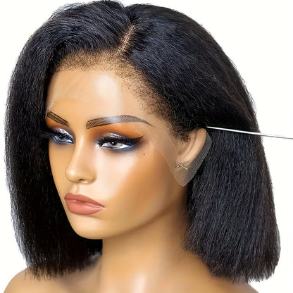 13x4 HD Transparent Brazilian Lace Frontal Wig - Glueless Pre-Plucked Yaki Straight Short Bob for Women - 200% Density, Coarse, Sports Style, Swiss Lace, Kinky Straight, 10-16 Inches