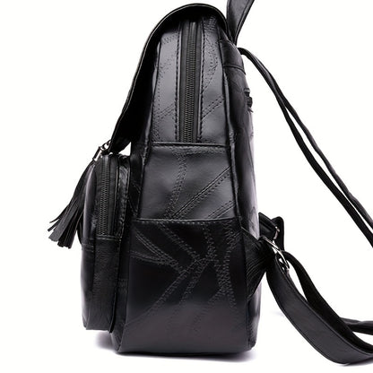 Black Soft PU Leather Lady Travel Backpack - Contrast Sequin, Lightweight, Adjustable Strap, Polyester Lining - Perfect for Going Out, Students, and Daily Use