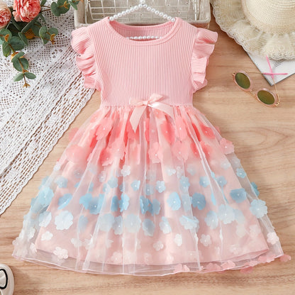 Charming Girls Flower Embellished Tutu Dress - Soft 95% Cotton, Comfy & Sweet - Perfect Casual Playtime or Ballet Princess Outfit