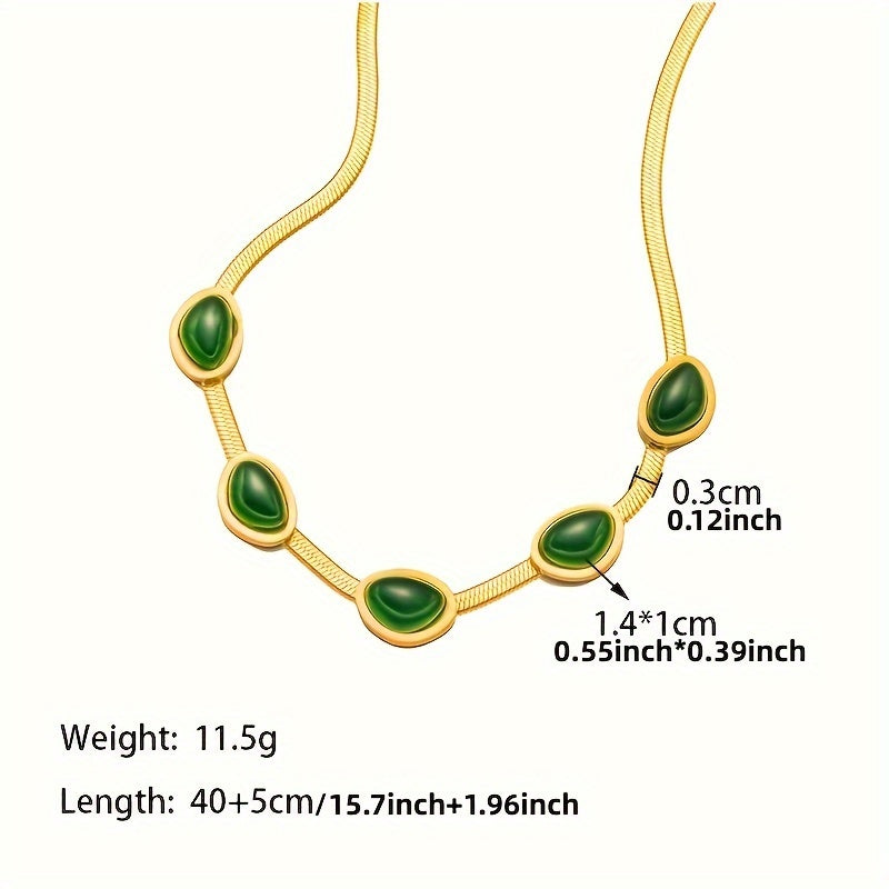 High grade titanium steel blade chain with retro emerald green bean necklace, women's simple and elegant collarbone chain