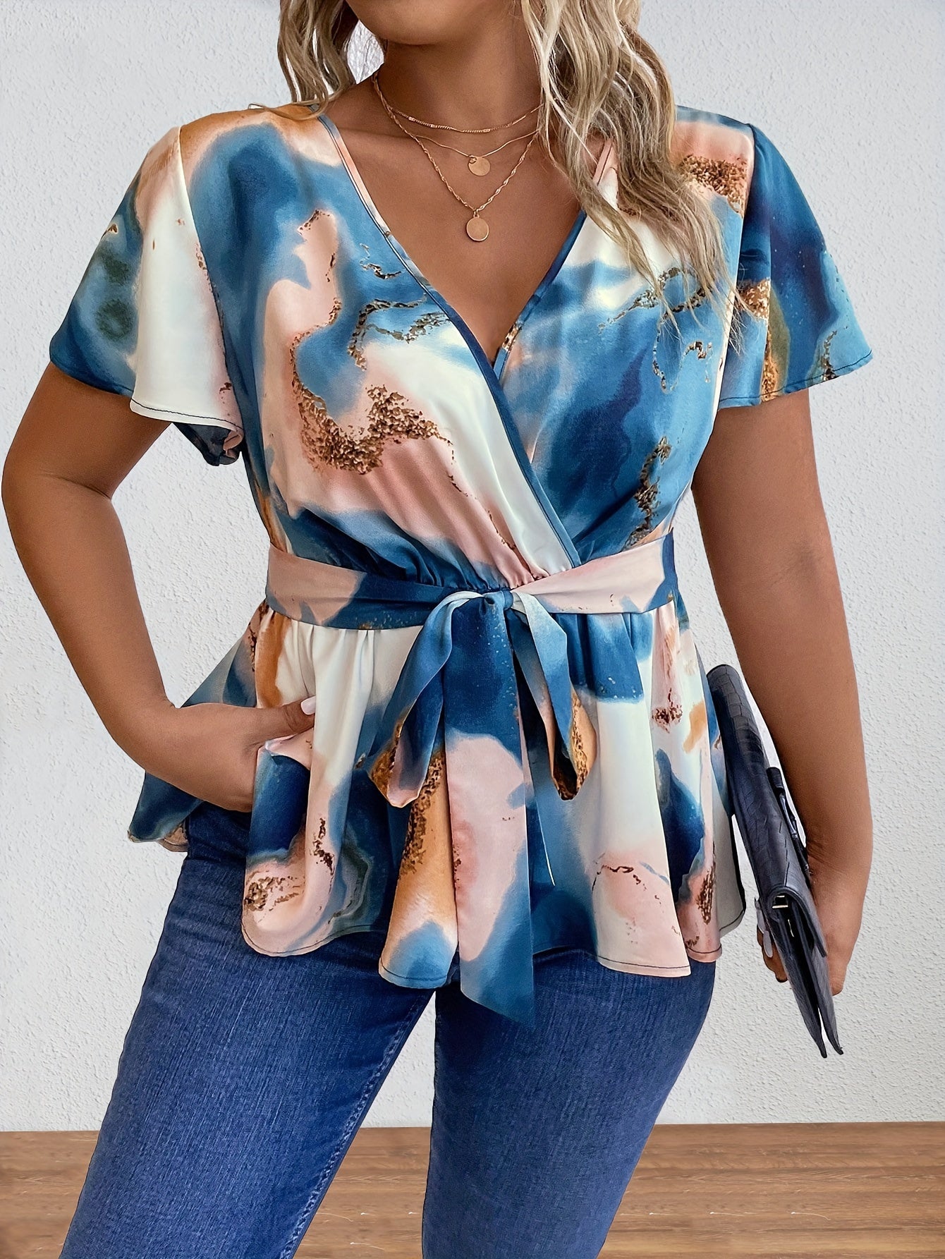 Plus Size Elegant V-Neck Belted Flutter Sleeve Surplice Tie Dye Blouse - Non-Stretch Polyester Color Block Print-Free Woven Top for Summer - Womens Stylish Comfortable Casual Wear
