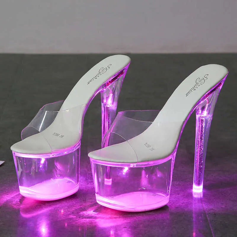 Dress Shoes New 17CM Super High Nightclub High Heels Transparent Platform Luminous Slippers Women Shoes Led Light Catwalk Pole Dance Sandals G230130