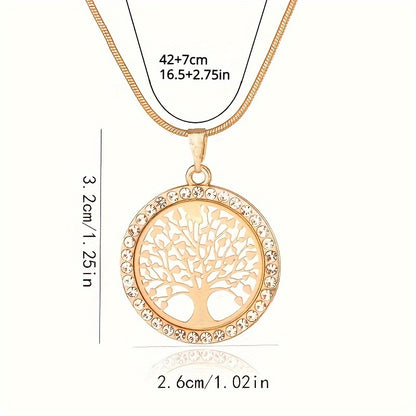 Round Hollow Rhinestone Necklace Pendant Set Chain Tree Of Life Necklace For Women