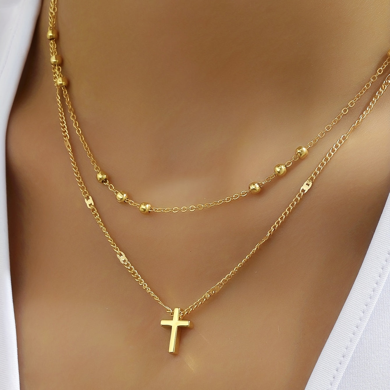 Vintage Cross Pendant Beads Chain Clavicle Chain Double Layer Necklace Ladies Holiday Jewelry Gift