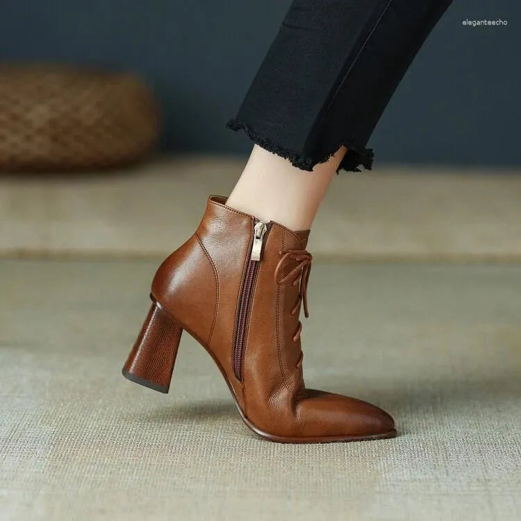 Dress Shoes  Pointed Thick Heeled Side Zippered Short Boots For Women's High Lace Up Fashion