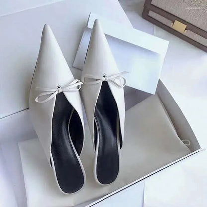 Dress Shoes Baotou Sandals Women's  Spring/Summer Versatile Pointed Thin Middle Heel Bow Muller