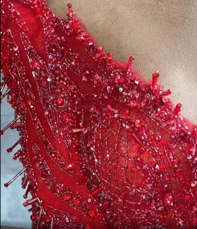 aso ebi arabic red luxurious mermaid evening dresses beaded lace prom dresses sheer neck formal party second reception gowns zj755