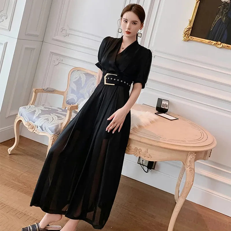 Basic Casual Dresses Summer Women Jumpsuit Elegant Noble Professional Fashion Striped V-neck Adjustable Waist Long Wide Leg Rompers Office Street