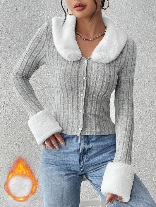 Cozy Faux Fur Trim Top - Soft Rib Knit, Long Sleeve, Contrast Trim, Casual Chic, Perfect for Spring and Fall, Women's Fashion Clothing