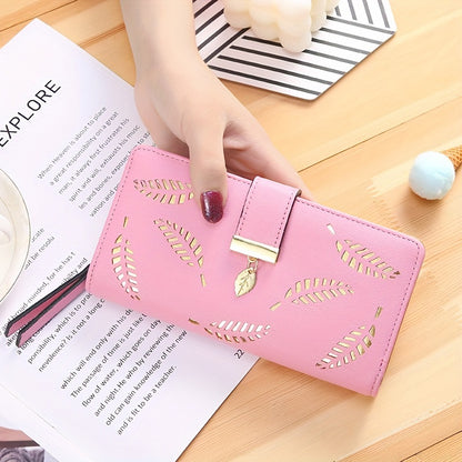 Fashionable Hollow Leaves Pattern Long Wallet, Solid Color Novelty Coin Purse, Large Capacity Card Card Holder