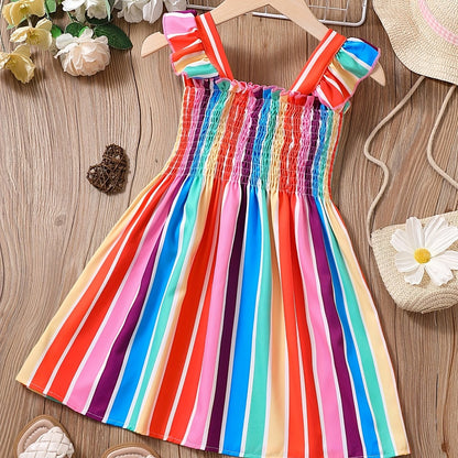 Girls Color Block Striped Sleeveless Ruffles Ruched Dress Kids Summer Clothes