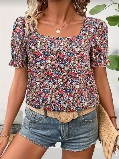 Plus Size Floral Print Blouse - Classic Square Neckline, Comfortable Short Sleeves, Elegant Design - Perfect for Spring and Summer, Womens Curvy Fashion Clothing for Everyday Wear