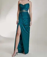 Elegant Long Blue Satin Prom Dresses With Split Sheath A-Line Beaded V-Neck Floor Length Zipper Back Evening Dresses for Women