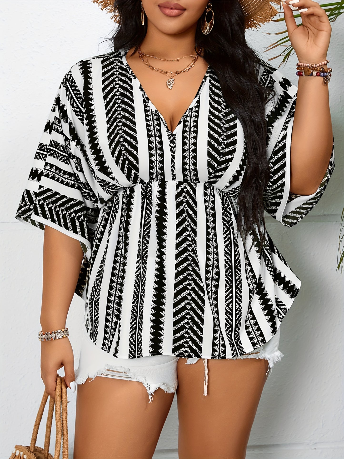 Plus Size Elegant V Neck Shirting Blouse - Chic Geo Print, Cinched Waist, Machine Washable, Non-Stretch Polyester Fabric, Perfect for Spring and Summer - Womens Fashion Clothing