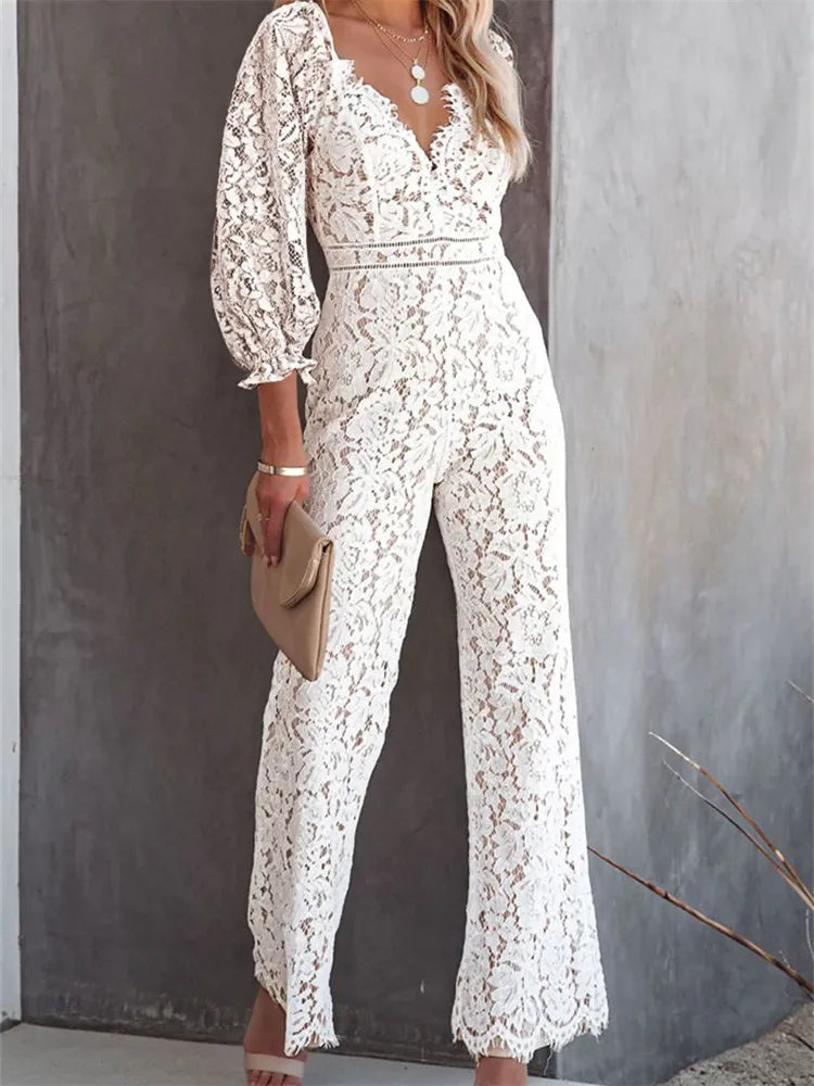 Women's Jumpsuits Rompers CHRONSTYLE Elegant Women Lace Wide Leg Pants Jumpsuits Solid Color Long Sleeve High Waist V Neck Floral Rompers Streetwear 230920