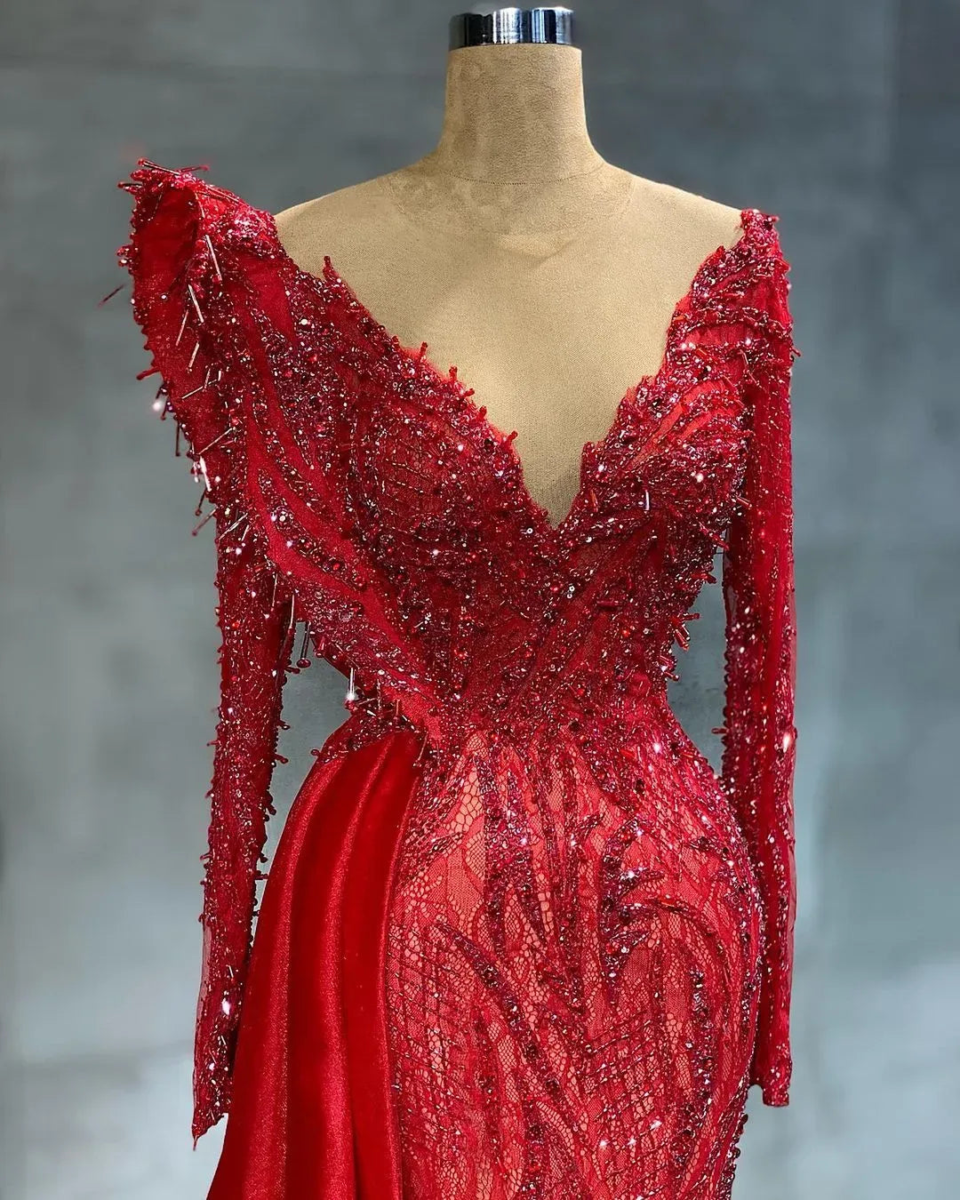 aso ebi arabic red luxurious mermaid evening dresses beaded lace prom dresses sheer neck formal party second reception gowns zj755