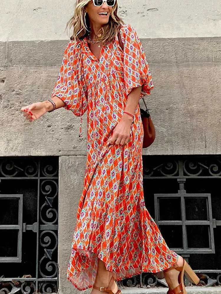 Basic Casual Dresses Fashion Women Print Dress Summer Loose Boho Dress Casual Elegant Short Slve Beach Party Dresses For Woman Robe Femme  New T240523