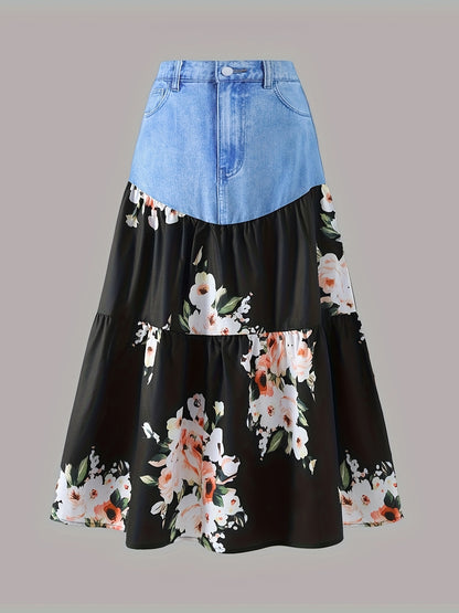 Tween Girls Casual & Trendy Imitation Denim & Flowers Pattern Spliced Maxi Skirt For Spring & Summer