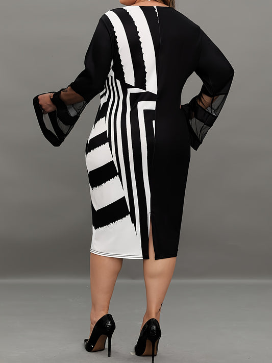 Plus Size Chic Party Dress - Fashionable Colorblock Stripe Print with Flirty Mesh Bell Sleeves - V Neck, Medium Stretch, Slim Fit Midi Dress for Trendy Women