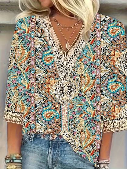 Plus Size Paisley Print V Neck Blouse - Relaxed Fit, Comfortable Non-Stretch Polyester, Random Pattern, Short Sleeve, Casual Vacation Shirt for Spring and All Seasons - Womens Stylish Shirting