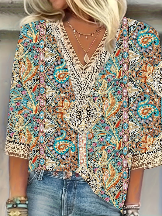 Plus Size Paisley Print V Neck Blouse - Relaxed Fit, Comfortable Non-Stretch Polyester, Random Pattern, Short Sleeve, Casual Vacation Shirt for Spring and All Seasons - Womens Stylish Shirting
