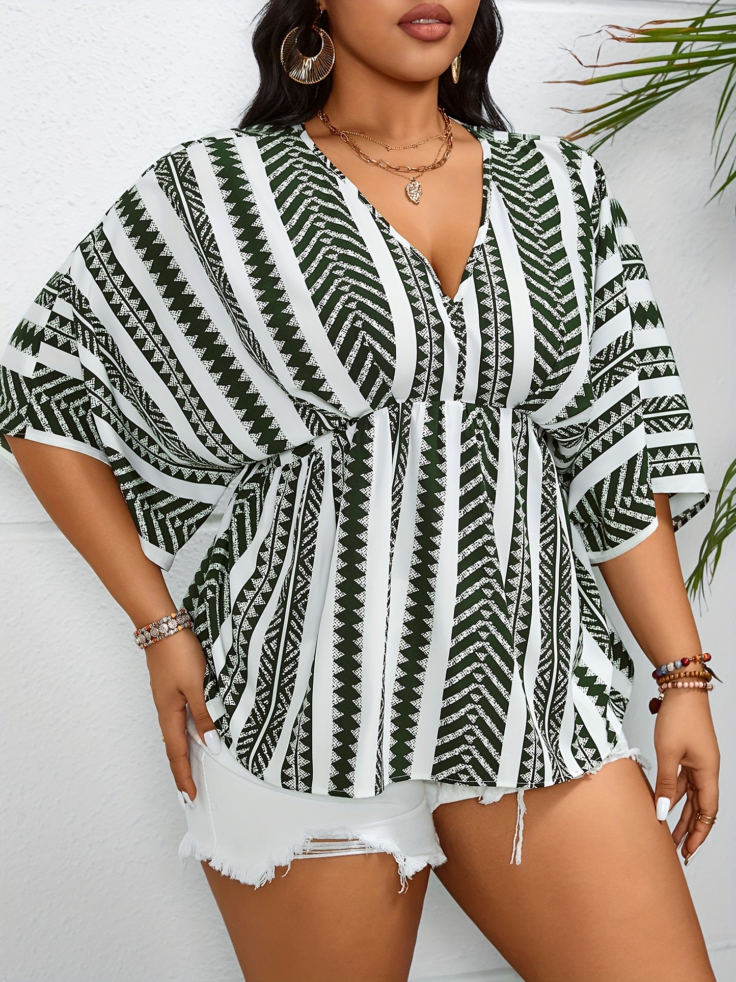 Plus Size Elegant V Neck Shirting Blouse - Chic Geo Print, Cinched Waist, Machine Washable, Non-Stretch Polyester Fabric, Perfect for Spring and Summer - Womens Fashion Clothing