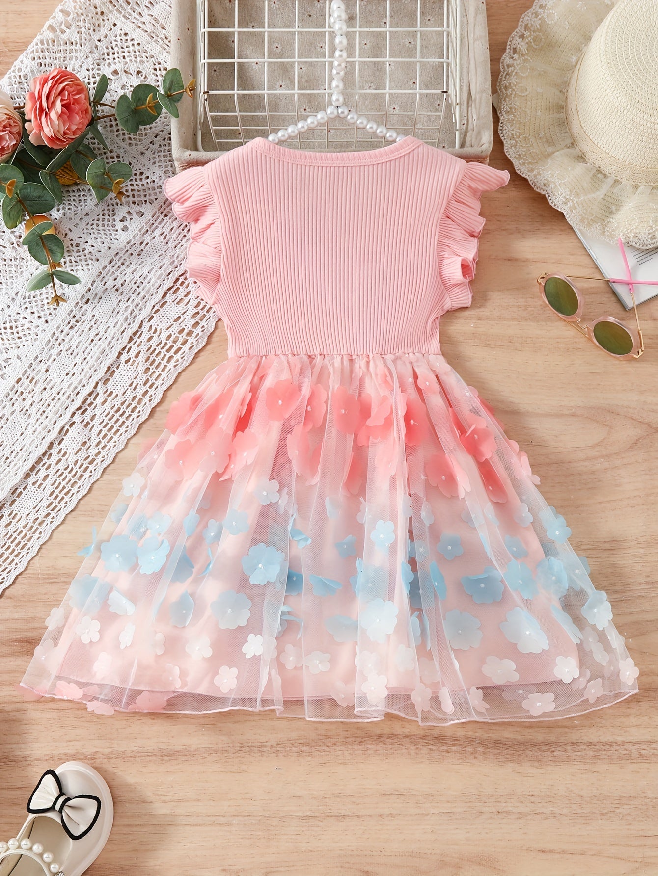 Charming Girls Flower Embellished Tutu Dress - Soft 95% Cotton, Comfy & Sweet - Perfect Casual Playtime or Ballet Princess Outfit