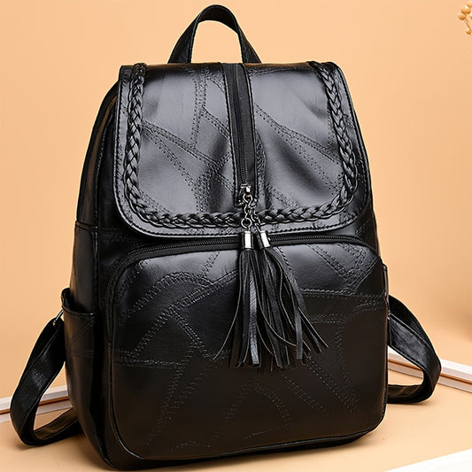 Black Soft PU Leather Lady Travel Backpack - Contrast Sequin, Lightweight, Adjustable Strap, Polyester Lining - Perfect for Going Out, Students, and Daily Use