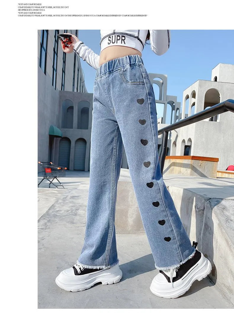 Jeans Big Size Love Heart Printing Girls Autumn Fashion Straight Style Wide Leg Pants For Kids 3-12 Years Children Clothing