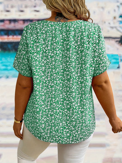 Plus Size Elegant Floral Print Shirting Blouse - Scoop Neck, Slight Stretch, Ruched Crew Neck, Short Sleeve, Polyester, Woven, Random Printing, All Seasons - Womens Casual Summer Blouse
