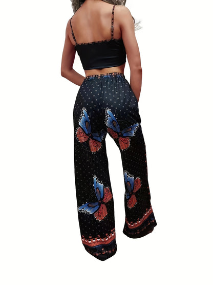 Chic & Sexy Butterfly Print Co-ord Set - Spring/Summer Stretch Knit Two-Piece Top & Pants Suit, Easy-Care