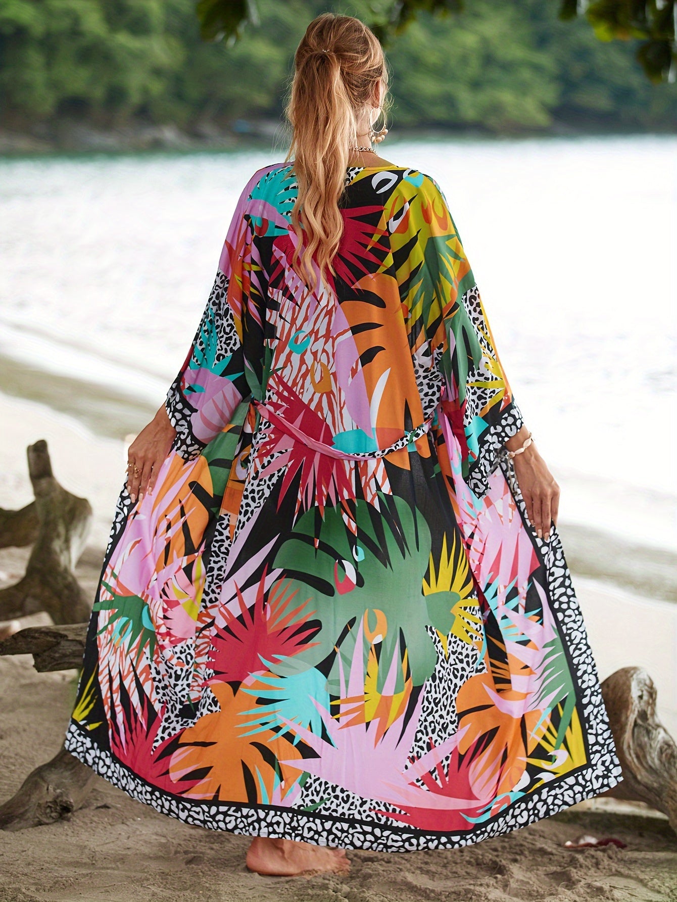 Plus Size Plant Print Open Front Kimono, Casual Long Sleeve Belted Kimono For Spring & Fall, Women's Plus Size Clothing