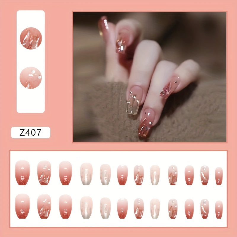 Medium Coffin False Nails, Fashion Ballerina Fake Nails With Glitter Design, Pink Press On Nails, Glossy Acrylic Nails For Women And Girls